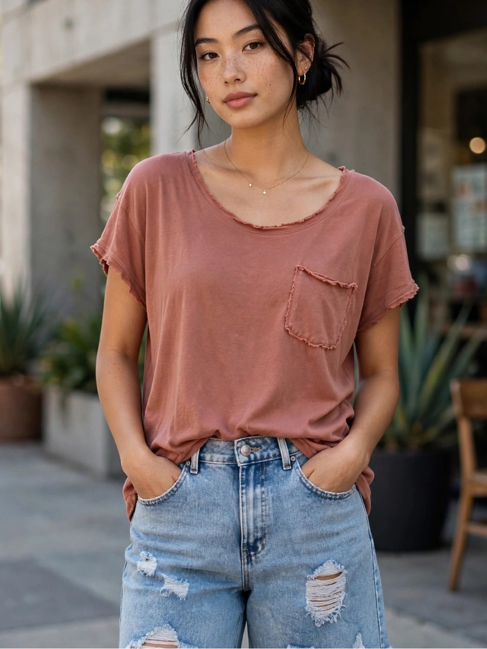 Club Monaco Terracotta Modal Silk Pocket Tee M Scoop Neck Oversized Distressed